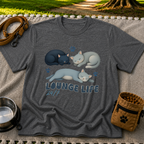 Lounge Life Cat design on a Dark Heather Grey T-shirt.