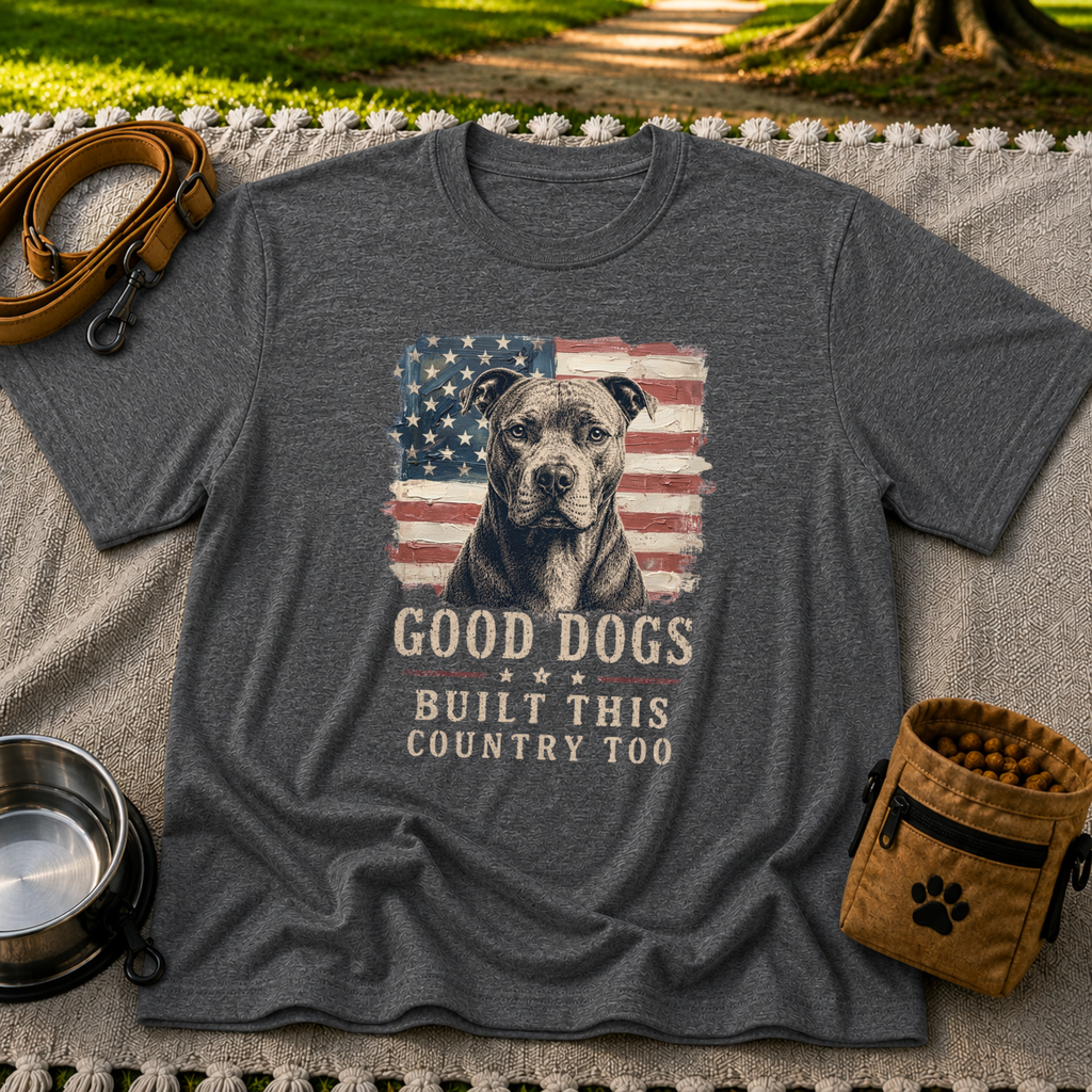 Dark Heather Grey T-shirt mockup featuring pit bull portrait in front of a weathered American flag.