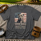 Dark Heather Grey T-shirt mockup featuring pit bull portrait in front of a weathered American flag.