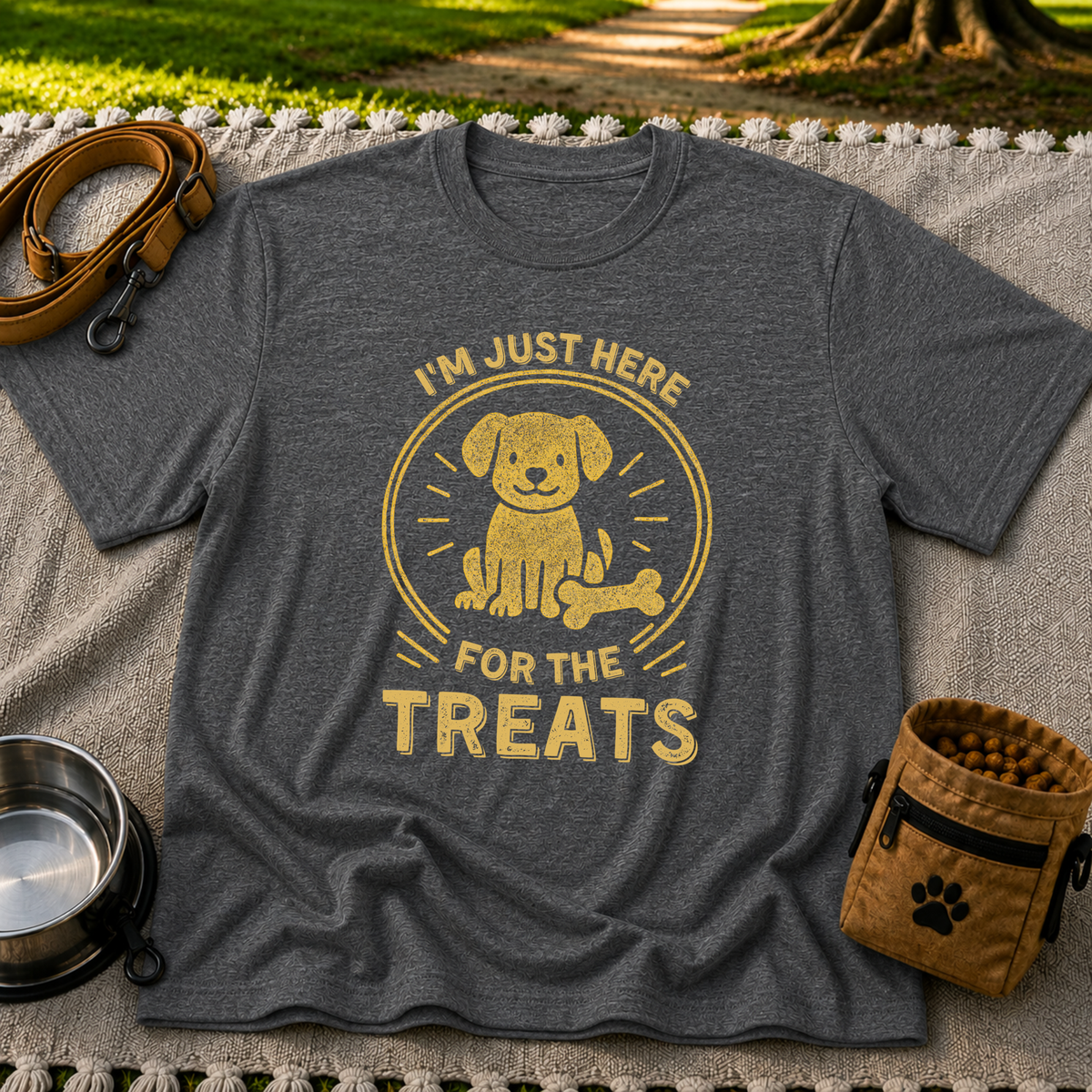 I'm Just Here for the Treats design on a Dark Heather Grey T-shirt.