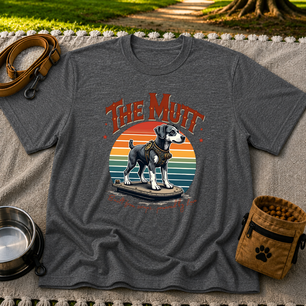 a mixed-breed dog above a “built from scraps, powered by love” sentiment. On a Dark Heather Grey T-shirt.