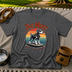 a mixed-breed dog above a “built from scraps, powered by love” sentiment. On a Dark Heather Grey T-shirt.
