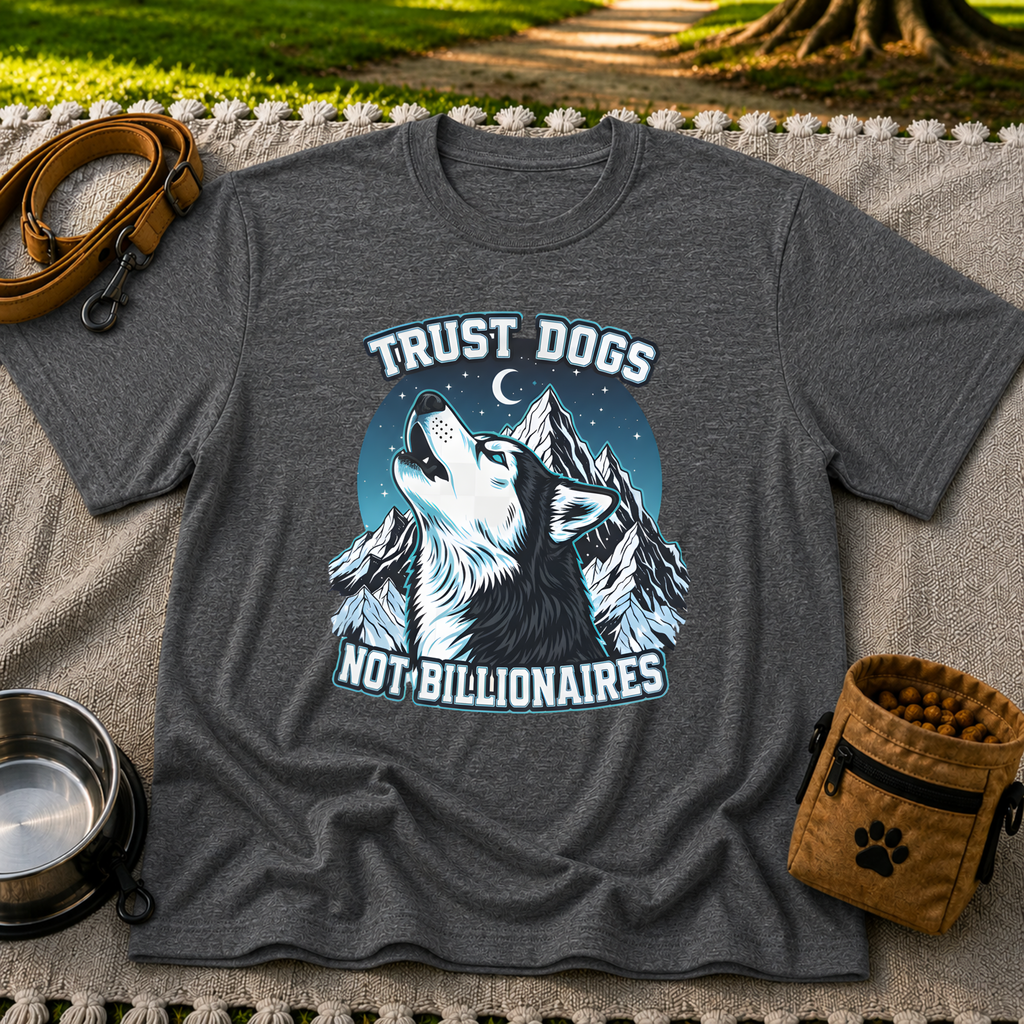 Dark Heather Grey T-shirt mockup featuring howling Husky against a rugged blue-toned mountain landscape.