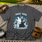 Dark Heather Grey T-shirt mockup featuring howling Husky against a rugged blue-toned mountain landscape.