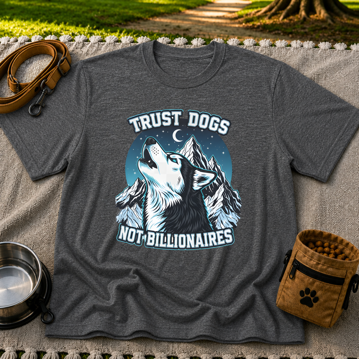 Dark Heather Grey T-shirt mockup featuring howling Husky against a rugged blue-toned mountain landscape.