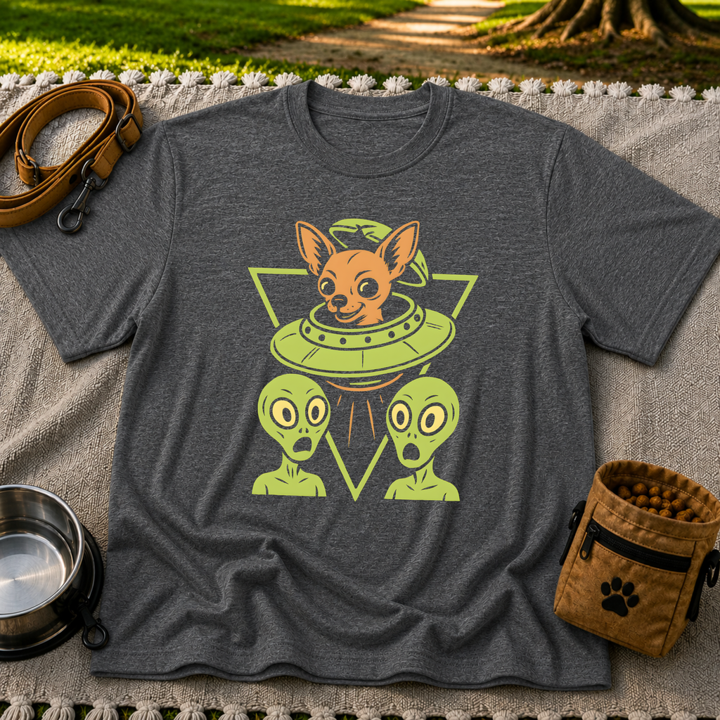 Dark Heather Grey T-shirt mockup featuring oversized-eared Chihuahua in a flying saucer above two small aliens.