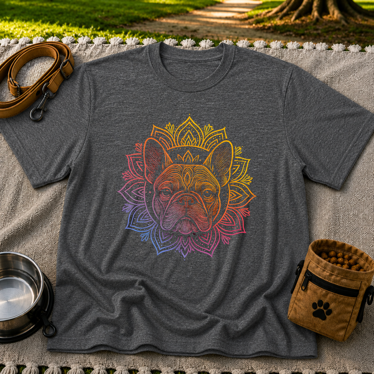 Bohemian French Bulldog Mandala artwork on a Dark Heather Grey T-shirt.
