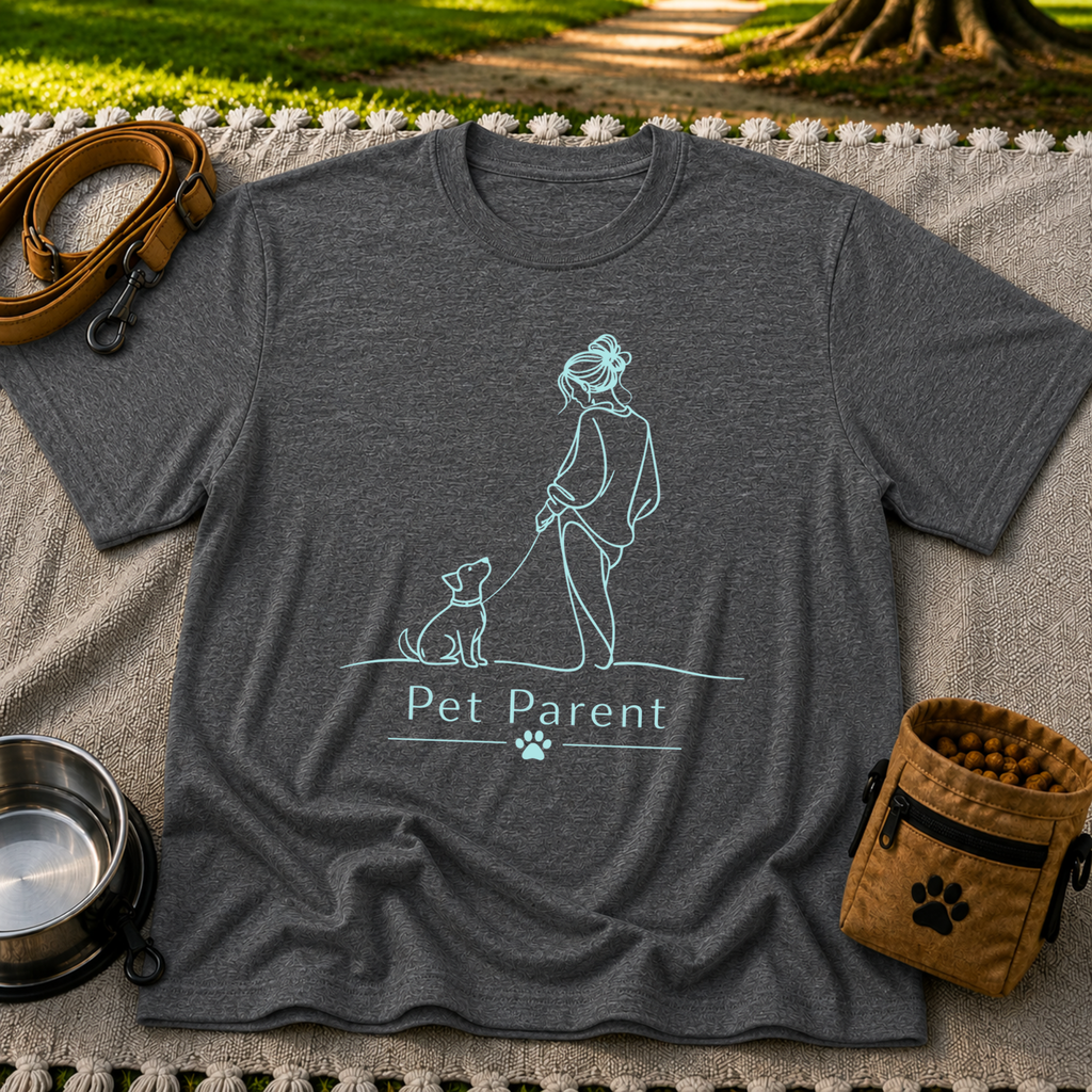 a person walking a dog beneath the words “Pet Parent”. On a Dark Heather Grey T-shirt.