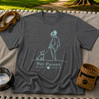 a person walking a dog beneath the words “Pet Parent”. On a Dark Heather Grey T-shirt.