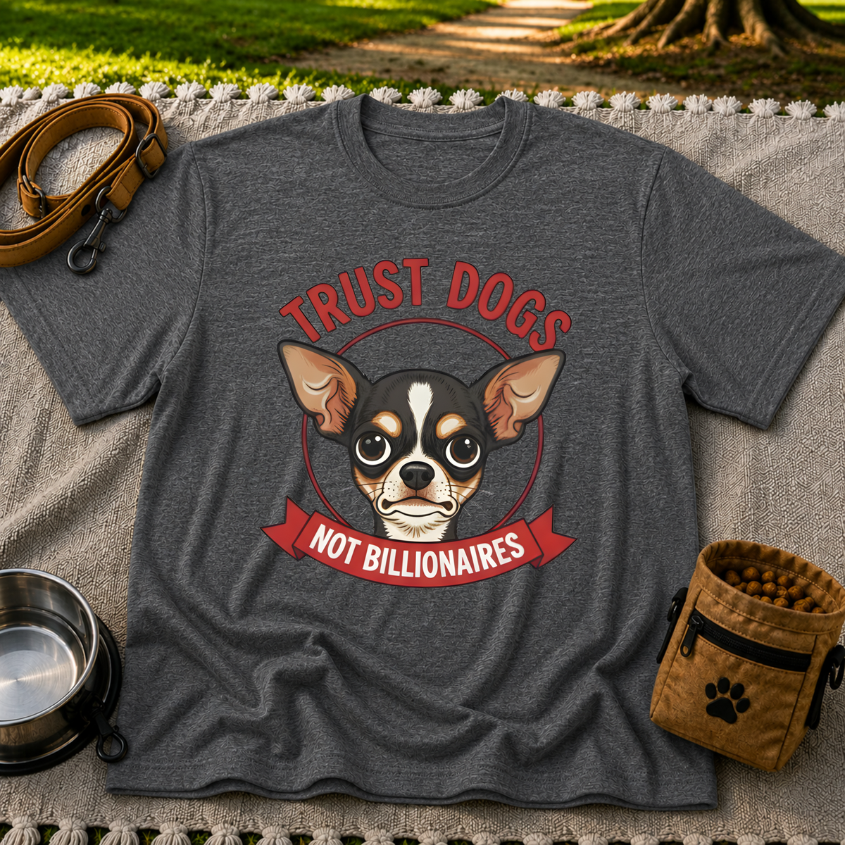 Dark Heather Grey T-shirt mockup featuring Chihuahua portrait above a red Trust Dogs Not Billionaires banner.