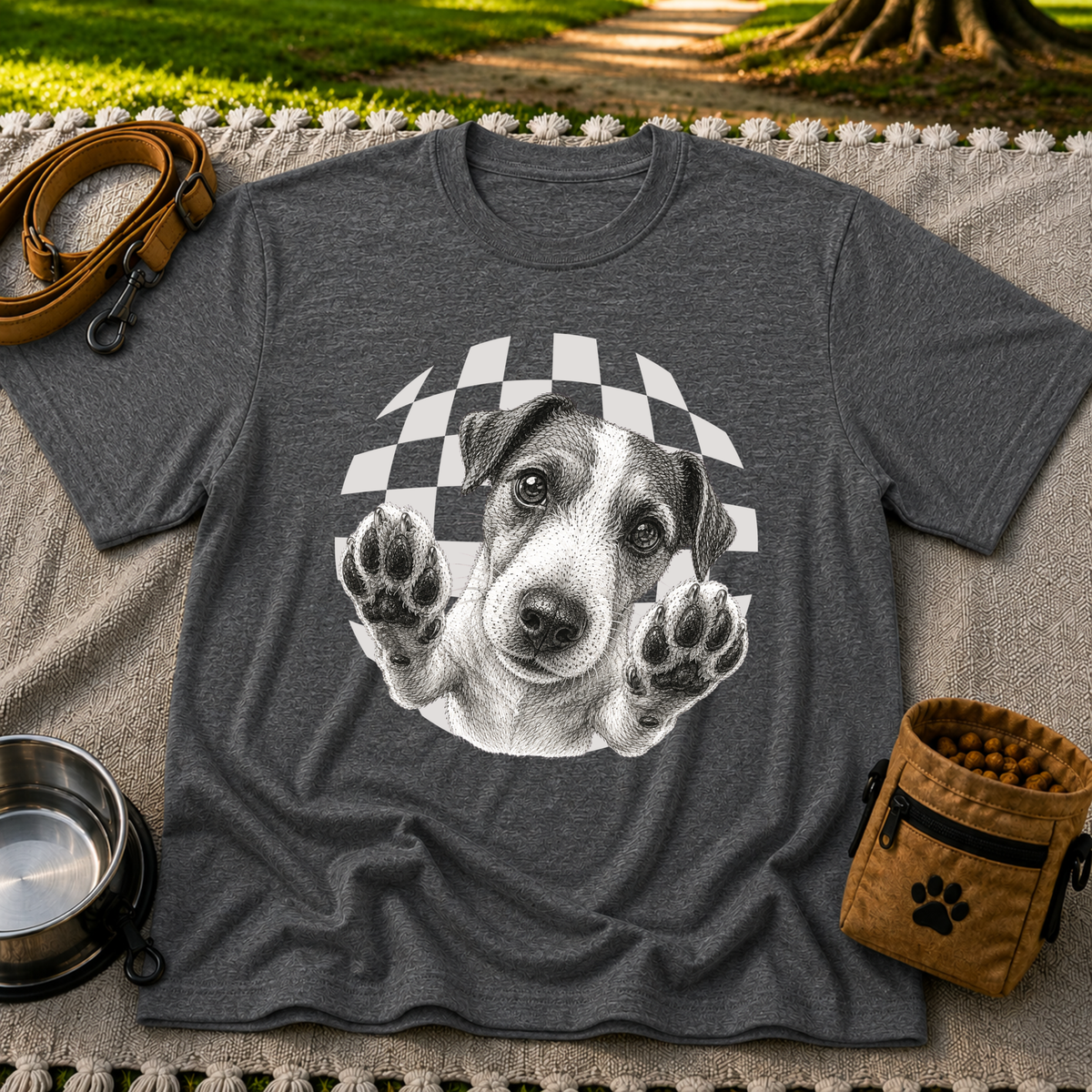 Jack Russell Terrier Paws Up artwork on a Dark Heather Grey T-shirt.