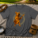 Rocking French Bulldog Guitar artwork on a Dark Heather Grey T-shirt.