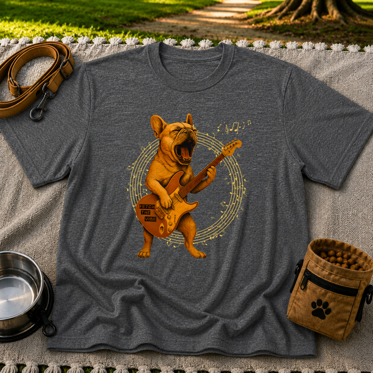 Rocking French Bulldog Guitar artwork on a Dark Heather Grey T-shirt.