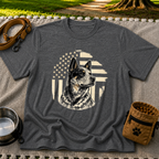 Dark Heather Grey T-shirt mockup featuring Blue Heeler portrait with a weathered American flag and stars.