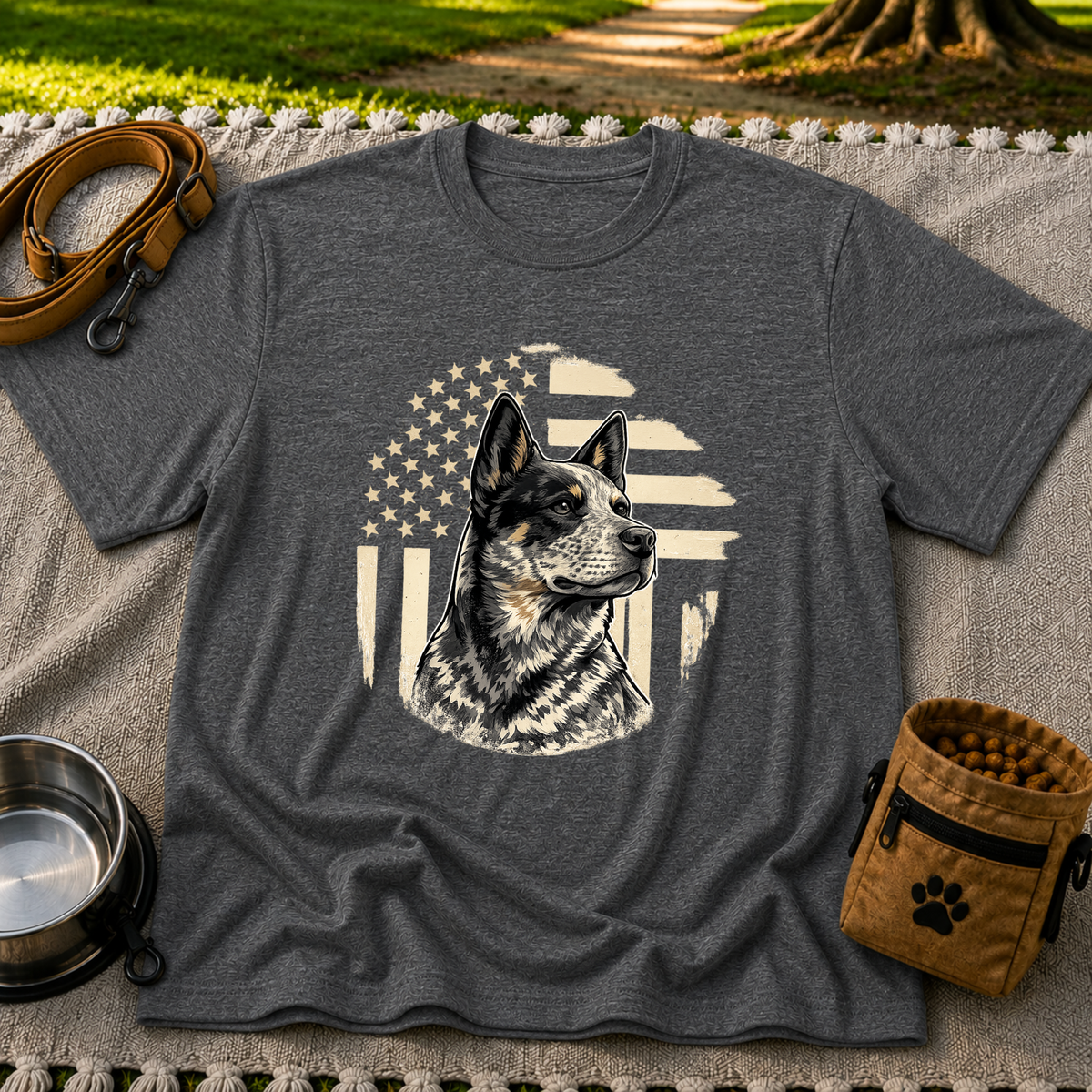 Dark Heather Grey T-shirt mockup featuring Blue Heeler portrait with a weathered American flag and stars.