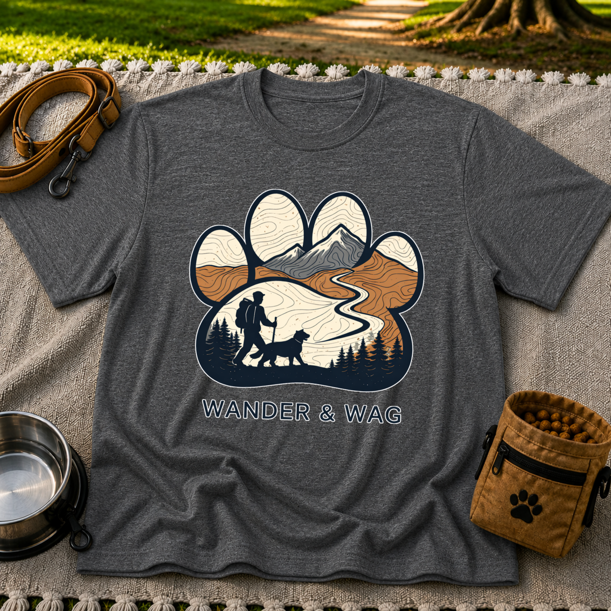 Dark Heather Grey T-shirt mockup featuring hiker and dog following a mountain trail framed inside a paw print.