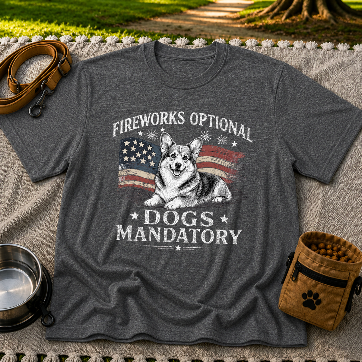 a Corgi beside “Fireworks optional, dogs mandatory”. On a Dark Heather Grey T-shirt.
