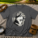 Patriotic Siberian Husky Dog design on a Dark Heather Grey T-shirt.