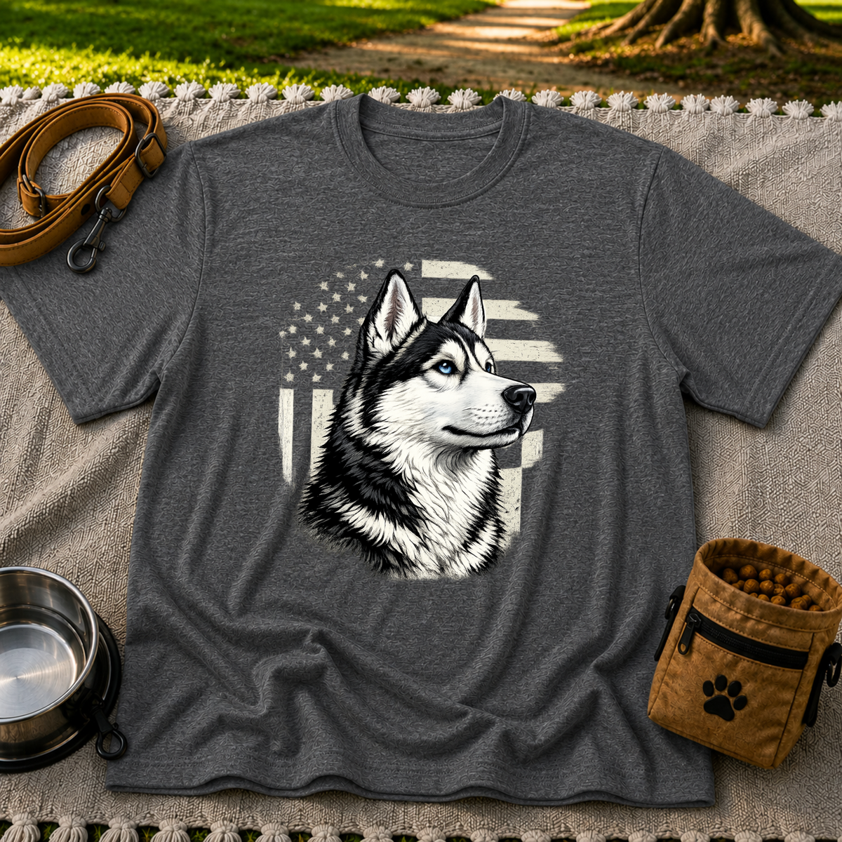 Patriotic Siberian Husky Dog design on a Dark Heather Grey T-shirt.