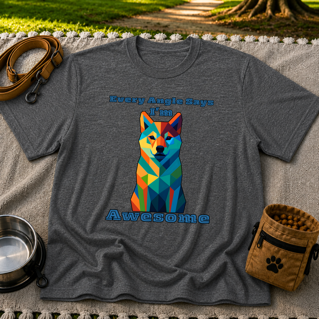 Dark Heather Grey T-shirt mockup featuring blue-toned geometric dog portrait with Every Angle Says I’m Awesome lettering.