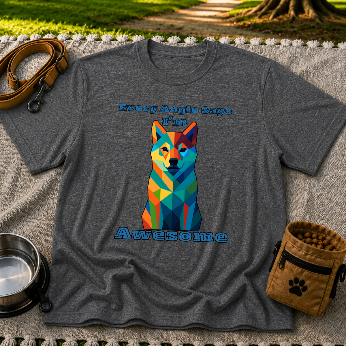 Dark Heather Grey T-shirt mockup featuring blue-toned geometric dog portrait with Every Angle Says I’m Awesome lettering.