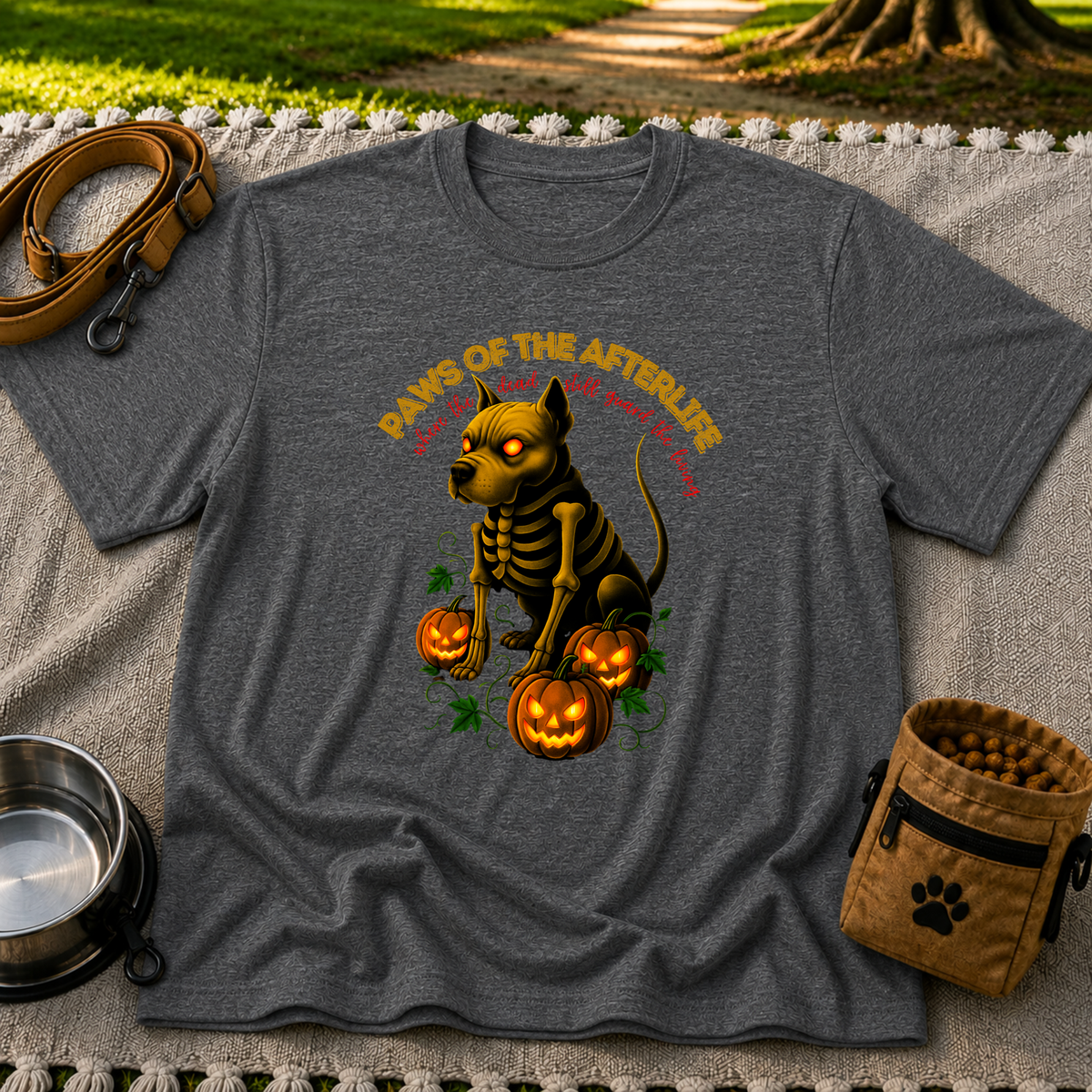 Paws of the Afterlife Pitbull Skeleton Halloween design on a Dark Heather Grey T-shirt.
