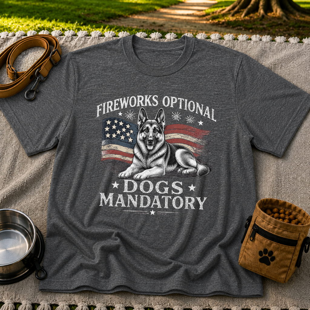 a German Shepherd beside “Fireworks optional, dogs mandatory”. On a Dark Heather Grey T-shirt.