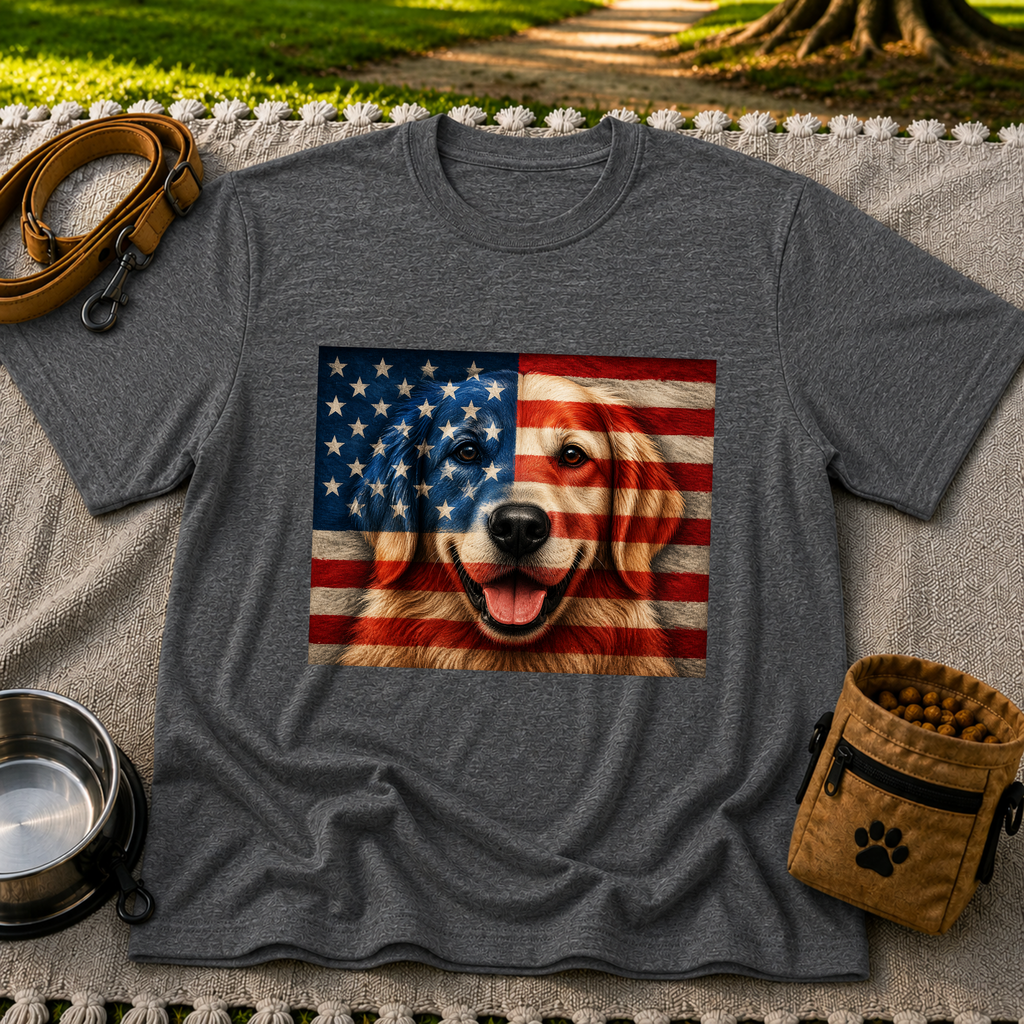 Patriotic Golden Retriever Flag design on a Dark Heather Grey T-shirt.