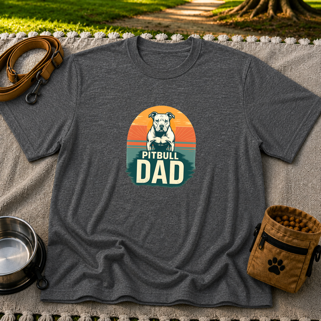 Vintage Pitbull Dad design on a Dark Heather Grey T-shirt.
