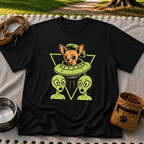 Black T-shirt mockup featuring oversized-eared Chihuahua in a flying saucer above two small aliens.