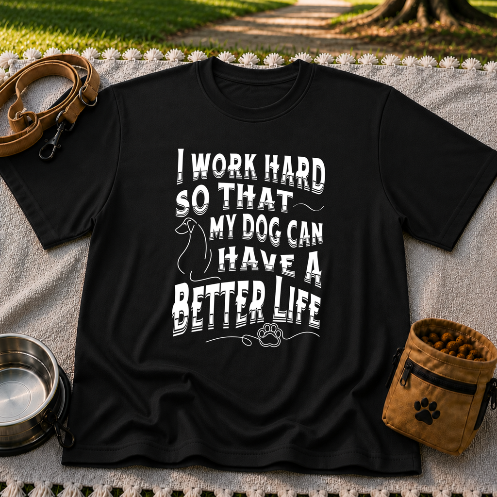 a “work hard so that my dog can have a better life” message. On a Black T-shirt.