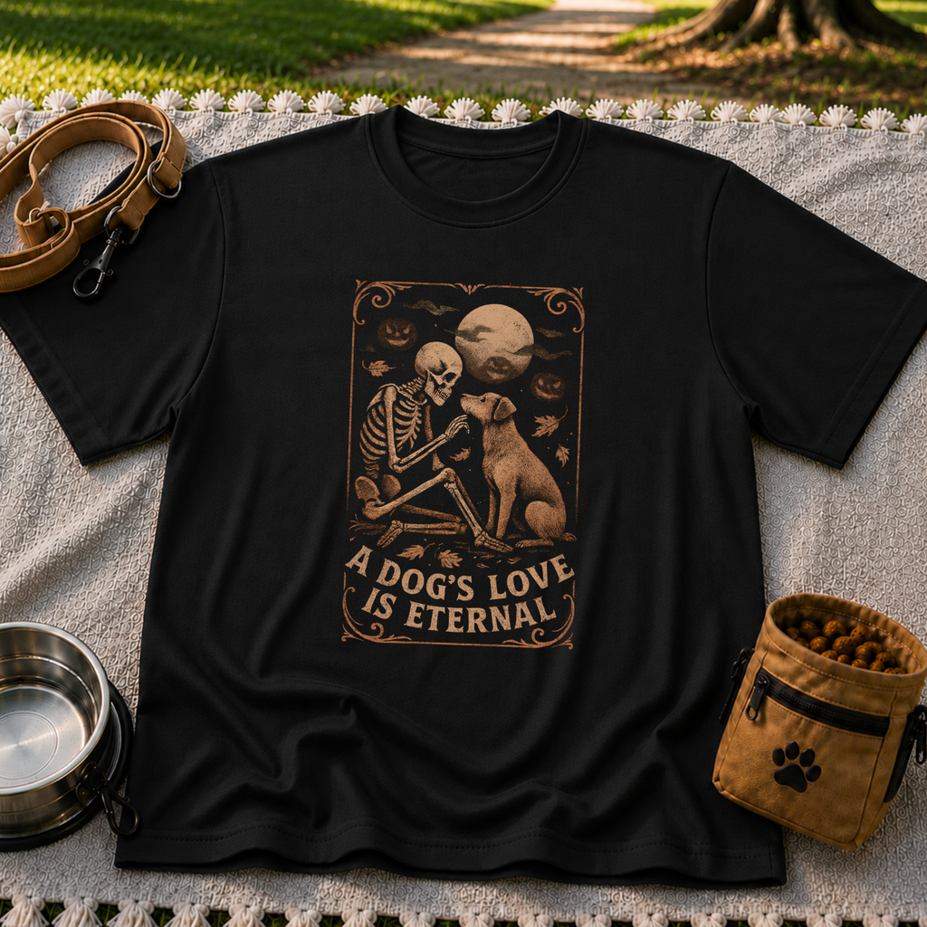 Black T-shirt mockup featuring a seated dog and skeleton beneath moons and planets with A Dog’s Love Is Eternal.