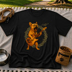 Rocking French Bulldog Guitar artwork on a Black T-shirt.