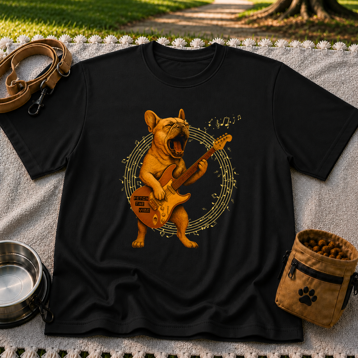 Rocking French Bulldog Guitar artwork on a Black T-shirt.