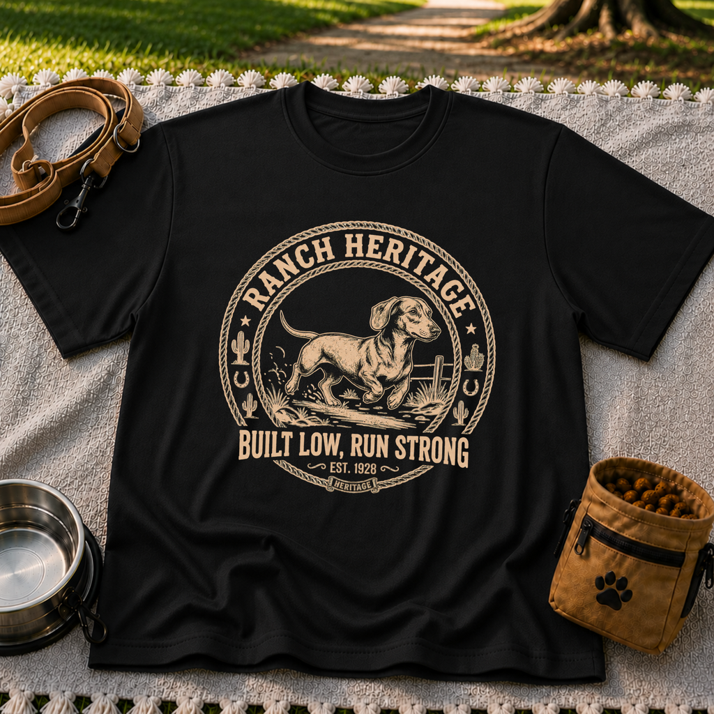 a Dachshund running inside a “Ranch Heritage” western emblem. On a Black T-shirt.