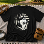 Patriotic Siberian Husky Dog design on a Black T-shirt.