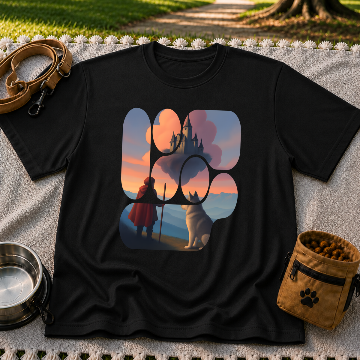 Magical Landscape Pet Lover artwork on a Black T-shirt.
