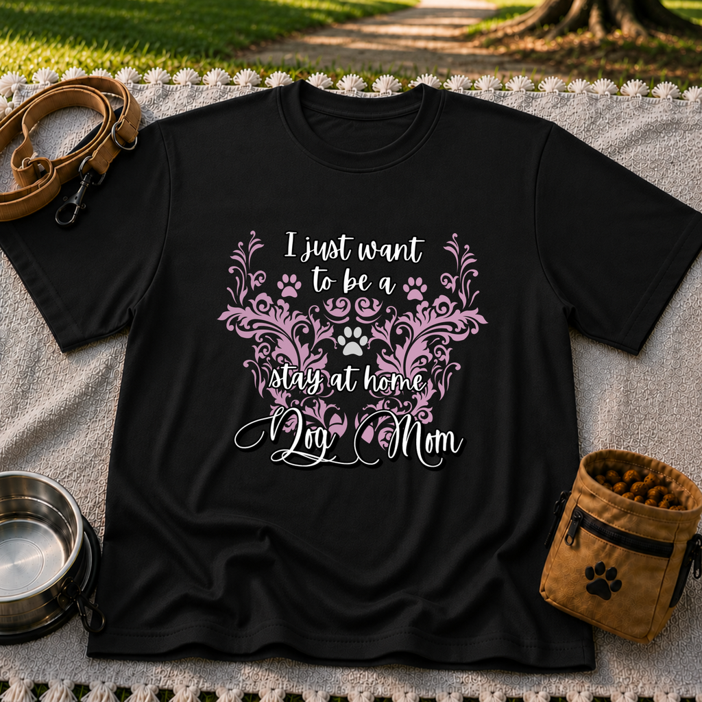 Stay at Home Dog Mom Pink design on a Black T-shirt.