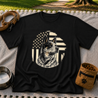 Black T-shirt mockup featuring Blue Heeler portrait with a weathered American flag and stars.