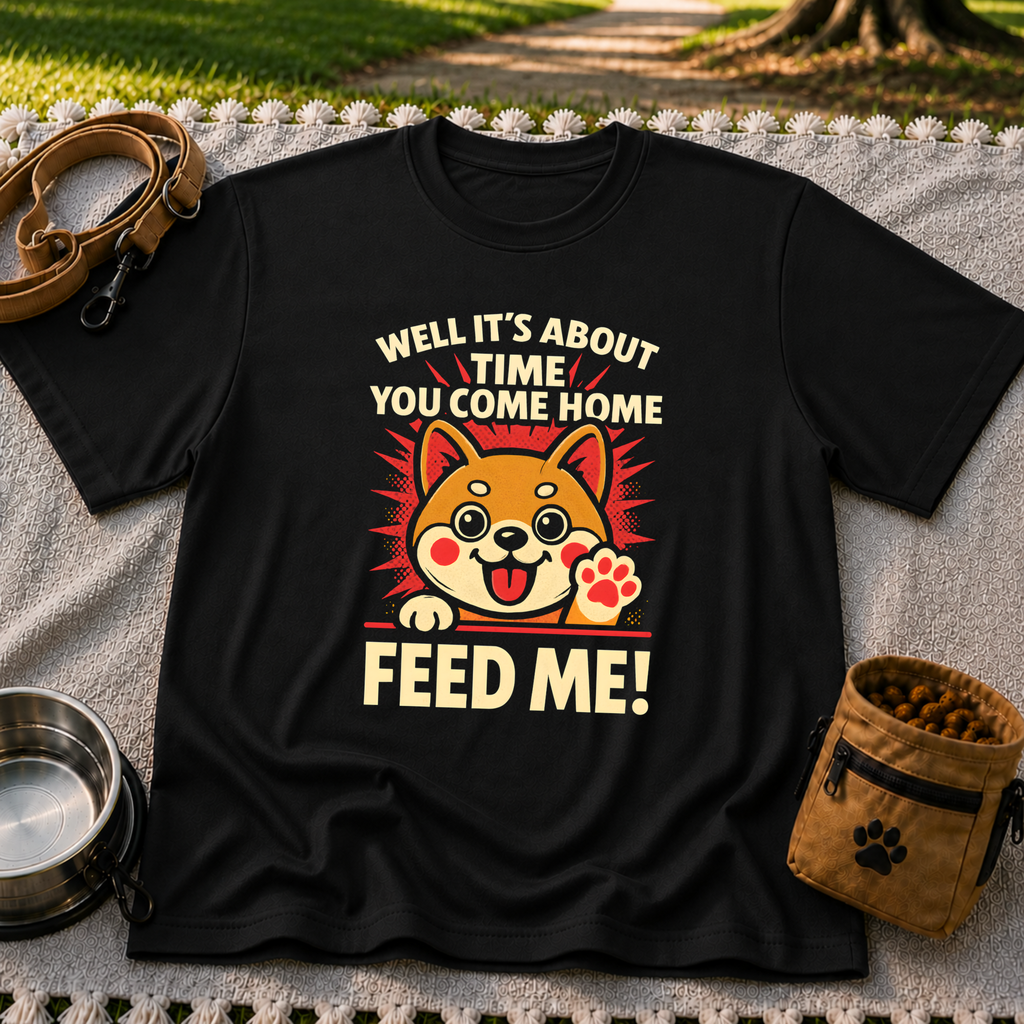 Shiba Inu Feed Me artwork on a Black T-shirt.