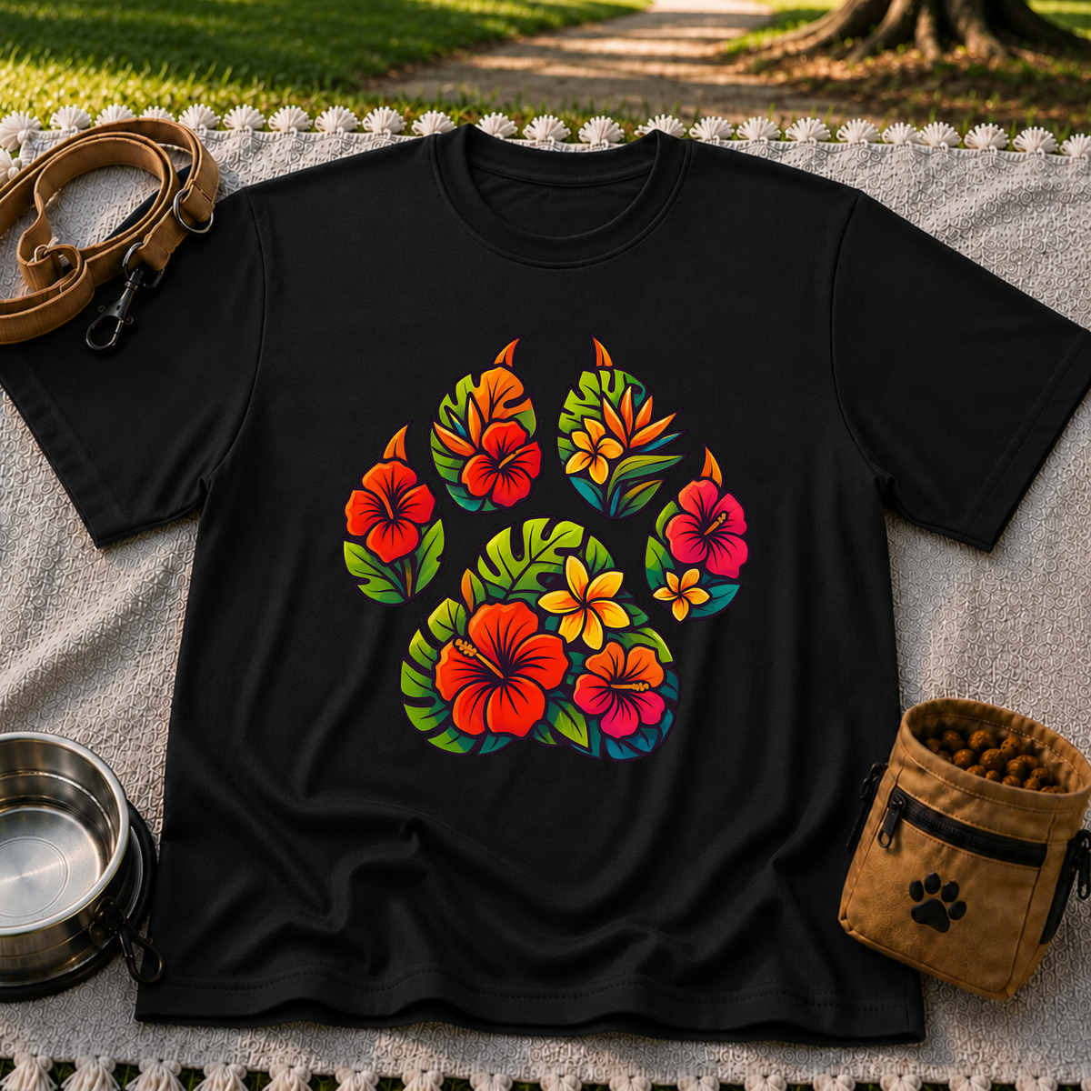 Tropical Floral Paw Print design on a Black T-shirt.