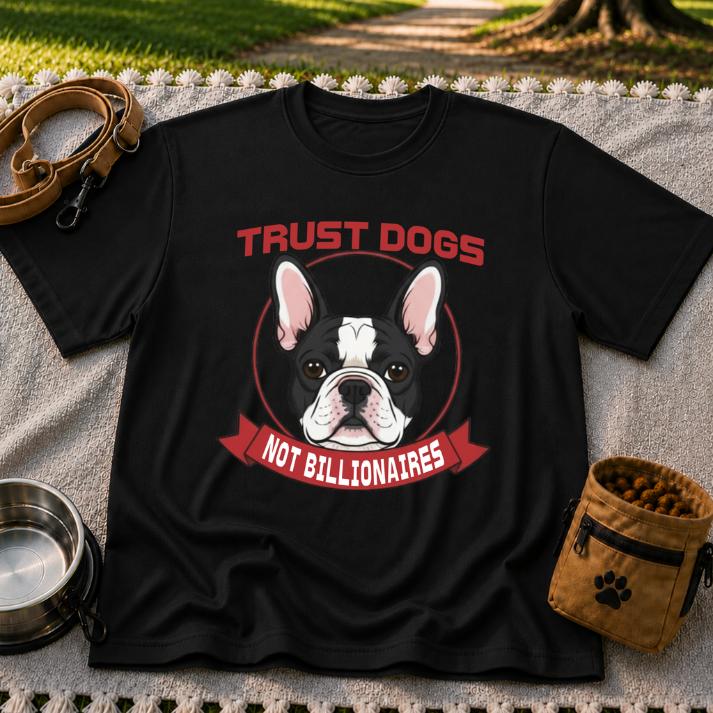 Black T-shirt mockup featuring French Bulldog portrait in a circular badge above a red Trust Dogs Not Billionaires ribbon.