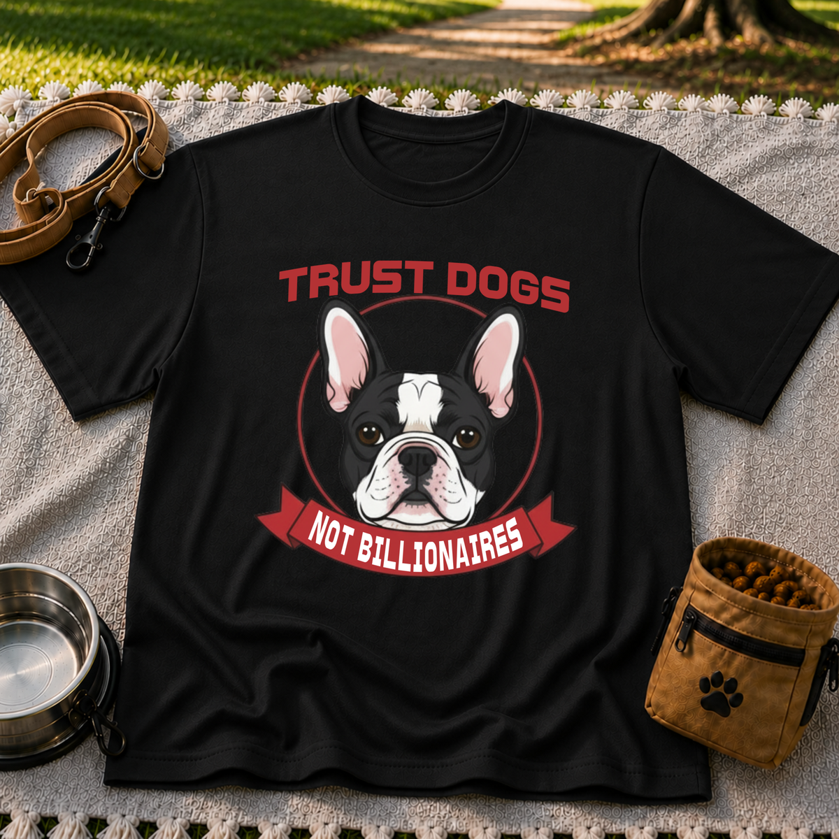 Black T-shirt mockup featuring French Bulldog portrait in a circular badge above a red Trust Dogs Not Billionaires ribbon.