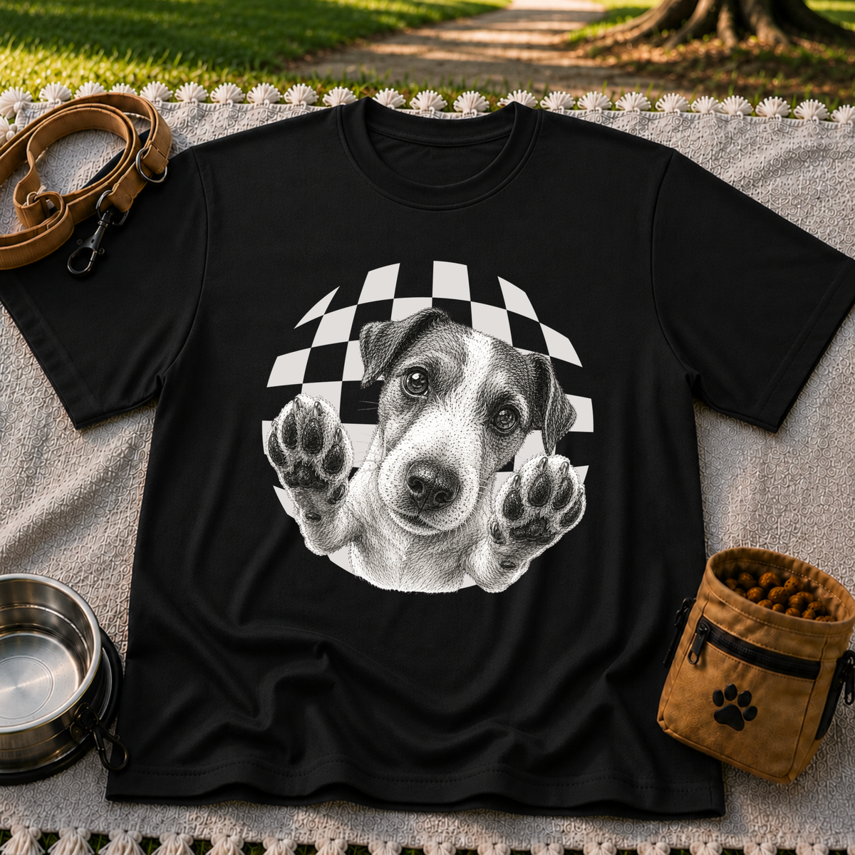 Jack Russell Terrier Paws Up artwork on a Black T-shirt.