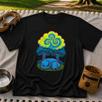 Psychedelic Sleeping Dog artwork on a Black T-shirt.