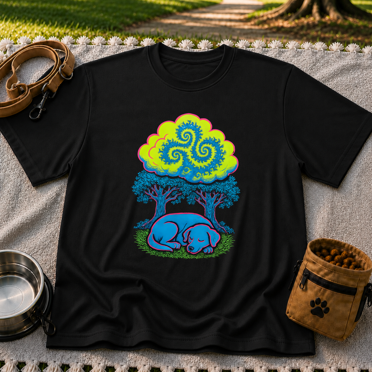Psychedelic Sleeping Dog artwork on a Black T-shirt.