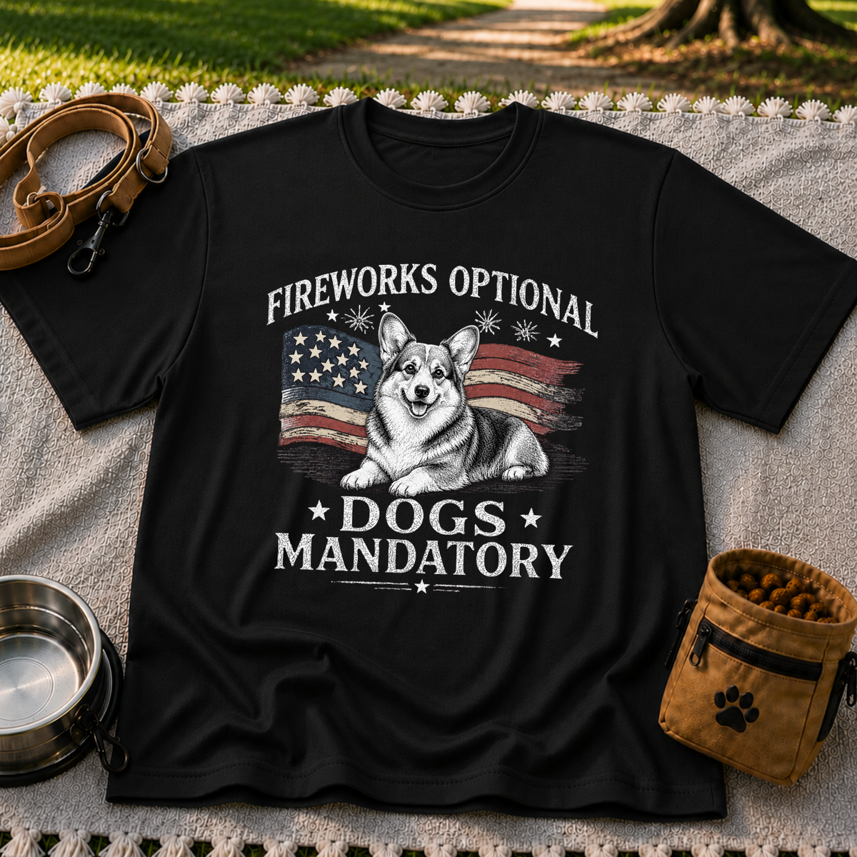 a Corgi beside “Fireworks optional, dogs mandatory”. On a Black T-shirt.