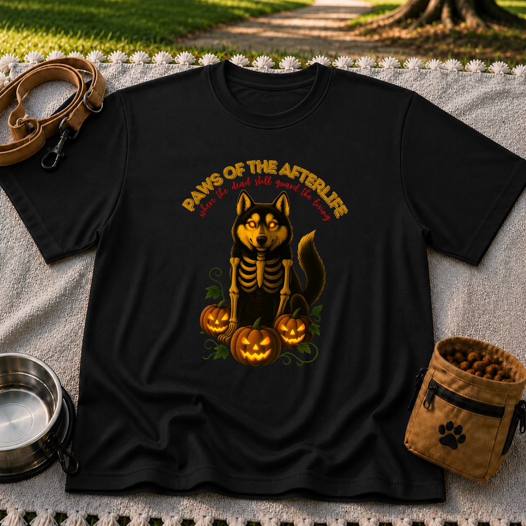 Paws of the Afterlife Husky Skeleton Halloween design on a Black T-shirt.