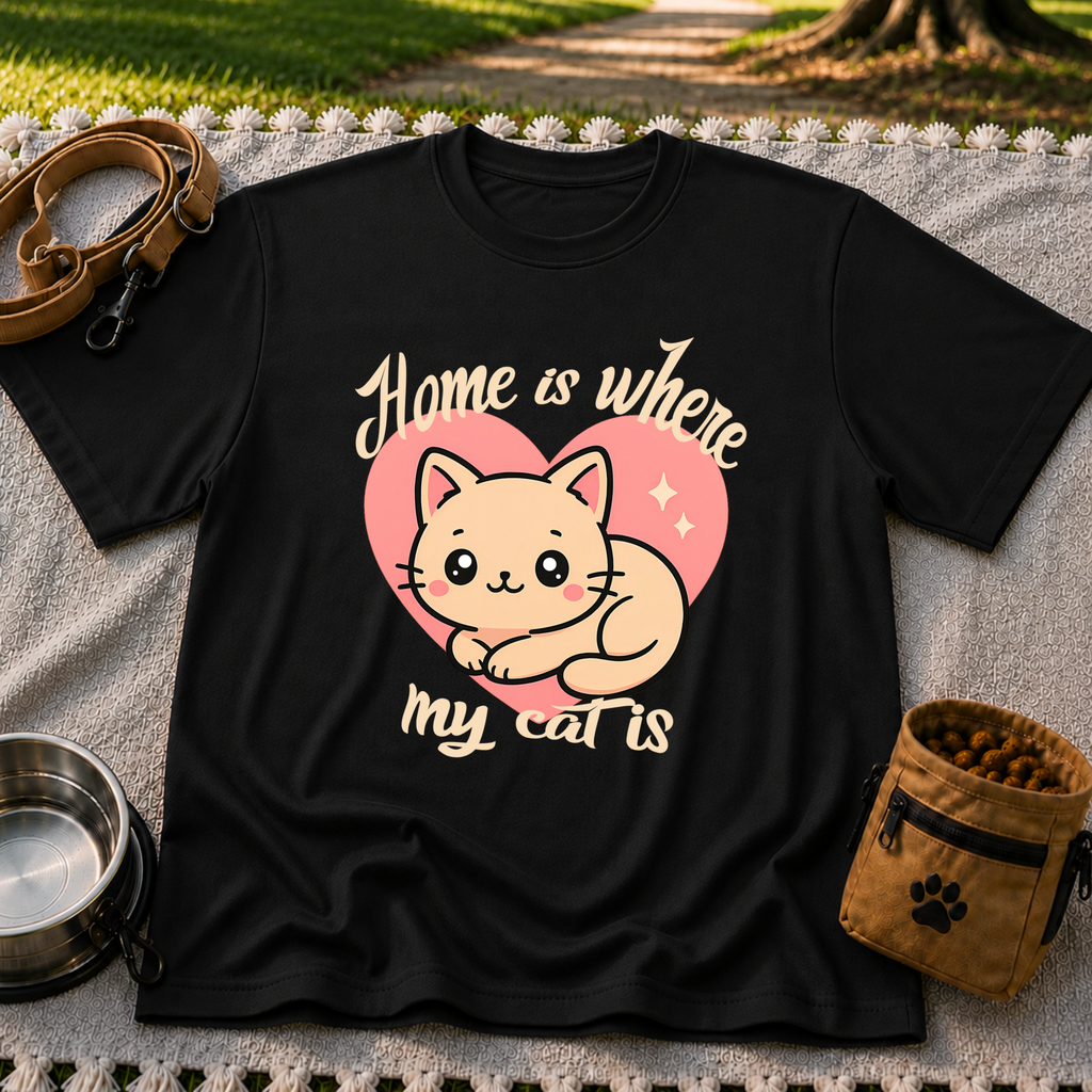 Black T-shirt mockup featuring kawaii cat resting inside a pink heart with Home Is Where My Cat Is lettering.