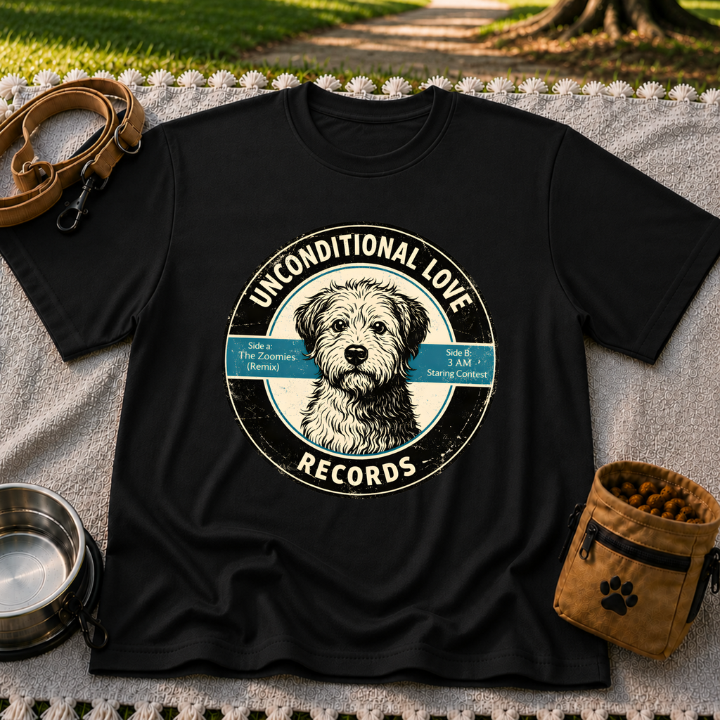 Black T-shirt mockup featuring shaggy dog portrait on a record label with playful track names.